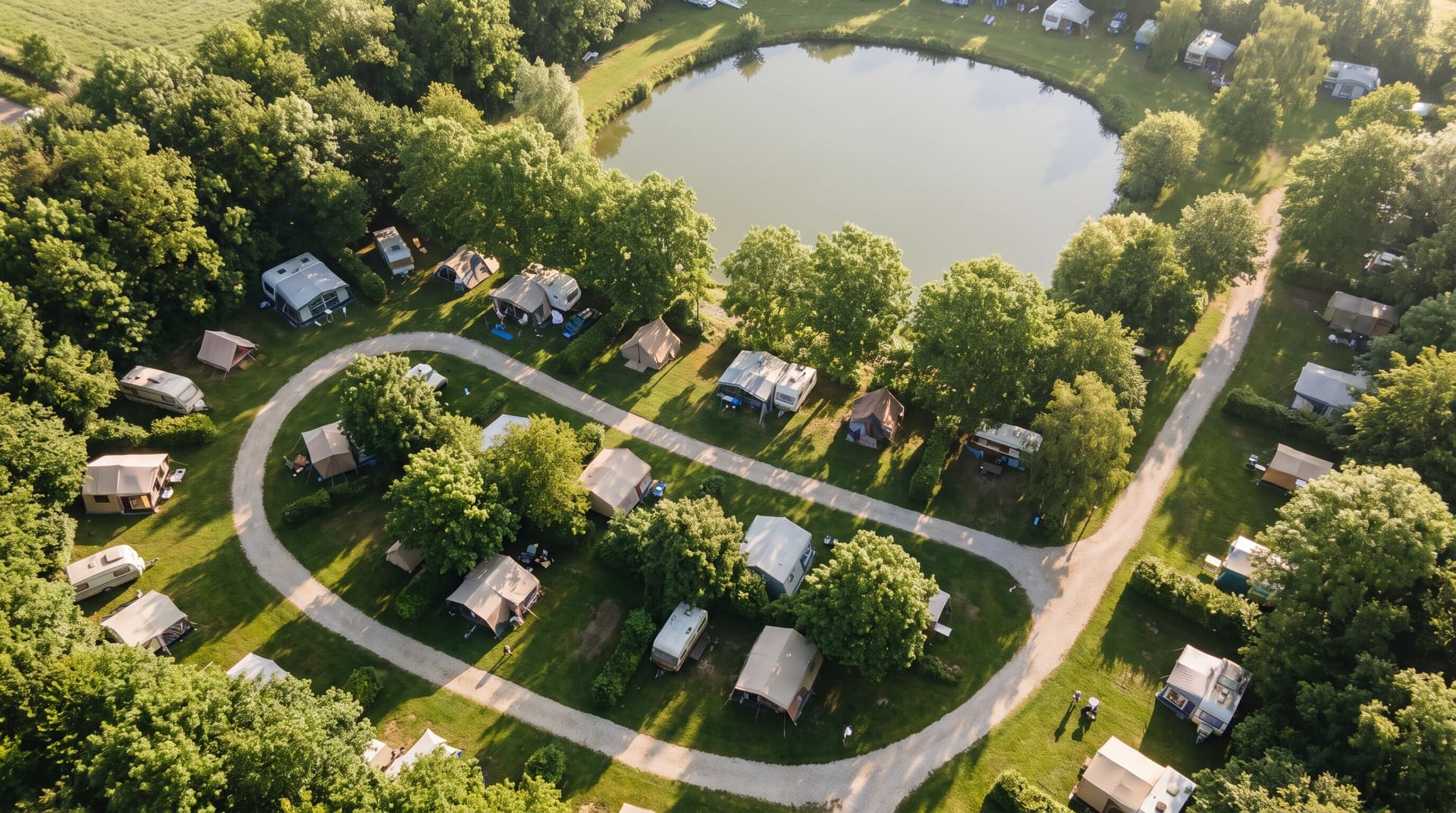 Drohnenaufnahme eines gruenen Campingplatzes zwischen Baeumen